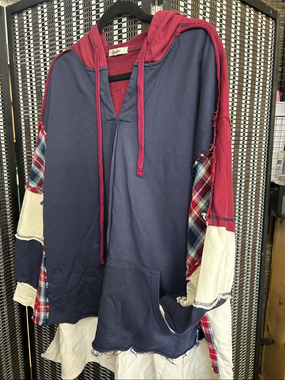 Patchwork Navy and Red Hooded Puffer Top